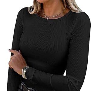 Women's Long Sleeve Rib Knit Slim Fit Top – Basic Fall Tee | Casual
